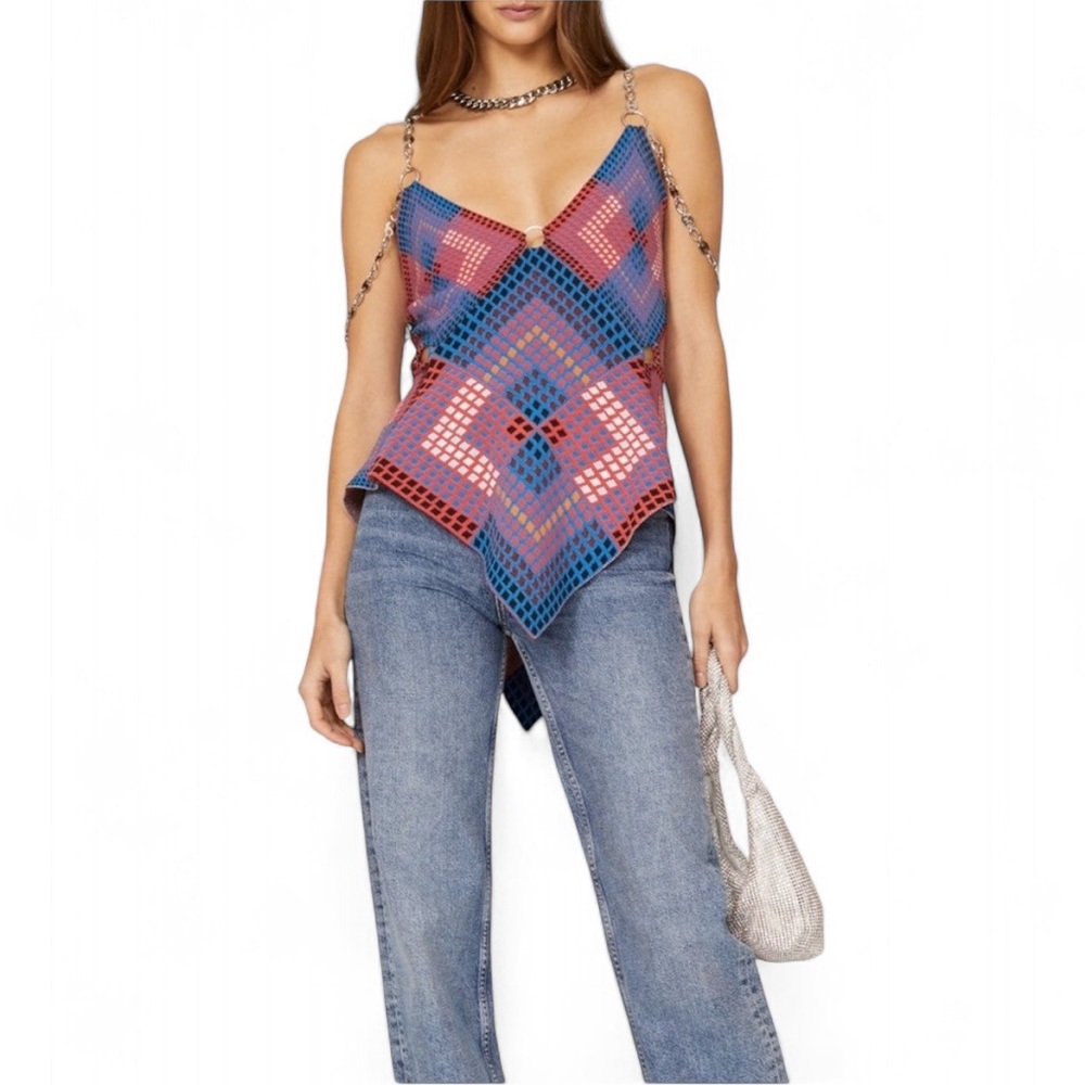 Paco Rabanne Crochet Asymmetrical Handkerchief-Style Knit Top Large